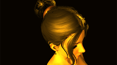 A woman in her late twenties or early thirties looks down pensively.  She has long eyelashes and her hair neatly bound into a bun with locks of hair loose by her face.