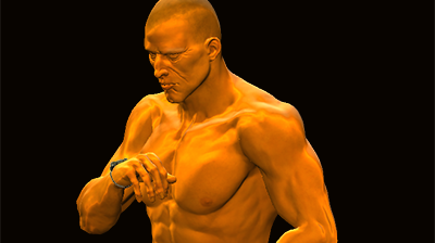 A muscled man with a bare torso looks down at the watch on his wrist.