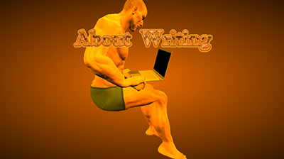 A muscled man wearing only running shorts sits on an invisible chair at an invisible desk and works on a laptop.