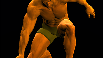 A muscled man wearing only running shorts places his hand on the ground to rise to a standing position.