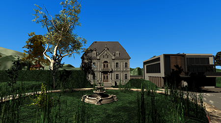 Under a clear blue sky, an old stone mansion stands beside a boxy modern building.  A huge gum tree leans over the mansion.  A circular garden with an ornate stone fountain is in the foreground.