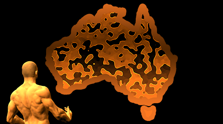 The upper body of a muscled man faces a stylized map of Australia filled in with faux bright camouflage using desert brown, tan and gold colours.