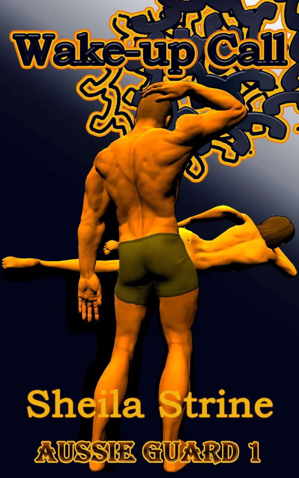 A muscled man in running shorts stands in an attitude of puzzlement with his hand on his head, facing a woman lying sideways with her naked back to him.  She appears to be wearing only underpants.  The title Wake-up Call stands out from the page.  There are telephone receiver icons in the top right corner which now also stand out from the page.  The author name is Sheila Strine and the series number Aussie Guard 1 (still no ‘s’) is boldly outlined.