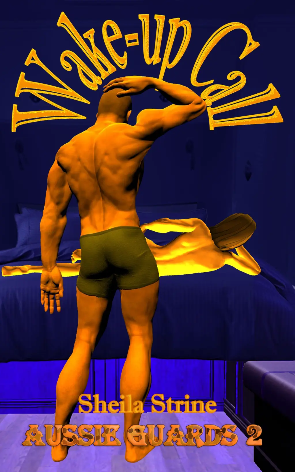 Described exactly as for pictures 7 and 8, a muscled man in running shorts stands in an attitude of puzzlement with his hand on his head, facing a woman lying sideways on a bed with her naked back to him.  She appears to be wearing only underpants.  The title Wake-up Call is in large letters curved around the man’s head and arm.  The author name is Sheila Strine and the series number is Aussie Guards 2.