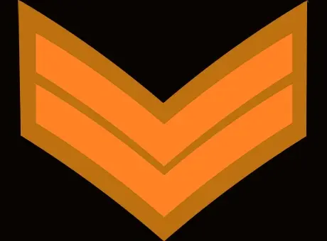 A double curved V shape resembling stripes on a soldier's sleeve in Sheila's colours of orange and khaki.