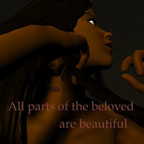 A young woman's head and shoulders show as she lifts her arms exposing a scar on her neck.  The text reads All Parts of the Beloved Are Beautiful. 