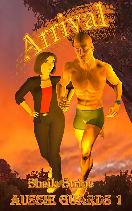 Book cover shows a muscled man in running shorts running in bushland and a slender woman in jeans with her hands on her hips whistling at him.