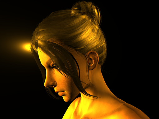 Head shot of a woman in her late twenties or early thirties looking down pensively. She has long eyelashes and her hair neatly bound into a bun with locks of hair loose by her face.