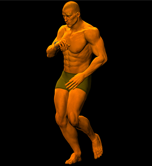 A muscled man with a scar above his left eye and a bare torso looks down at the watch on his wrist.