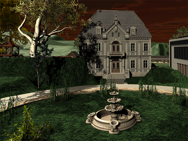 An ornate fountain stands in a circular garden in front of a stone mansion under sunset clouds.  On the viewer's left is a huge gum tree.  On the right is the corner of a large modern office building or house.