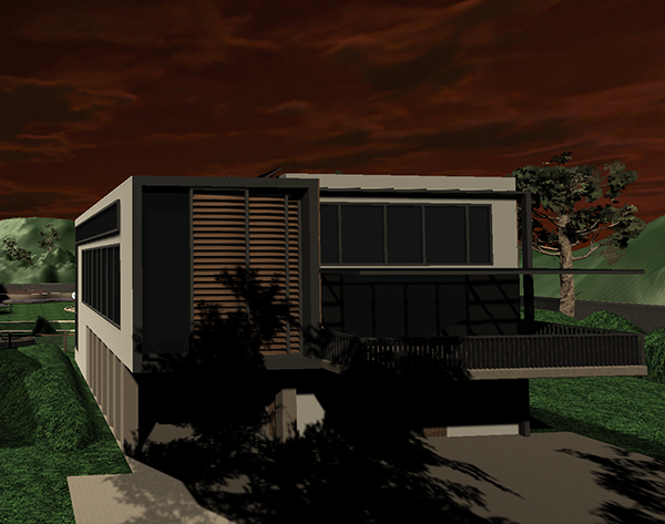 Shadowed by a tree against a dramatically dark sunset sky, a large modern building stands on green grounds.  It looks like a strangely shaped office building, with a balcony on the first of its three stories, dark windows, and a different section with louvred windows on one side.
