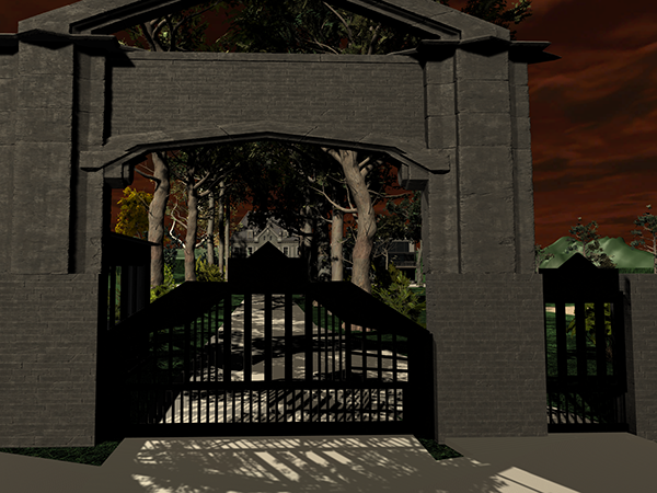 A large stone arch surrounds a black wrought iron gate barring the way to a tree lined drive ending at a stone mansion in the distance.  On the other side of the arch is a matching single gate for pedestrians.
