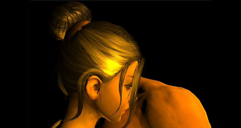 Headshot of a woman with her hair in a bun and locks falling by her face looking sad and she leans into the shoulder of a muscled man.