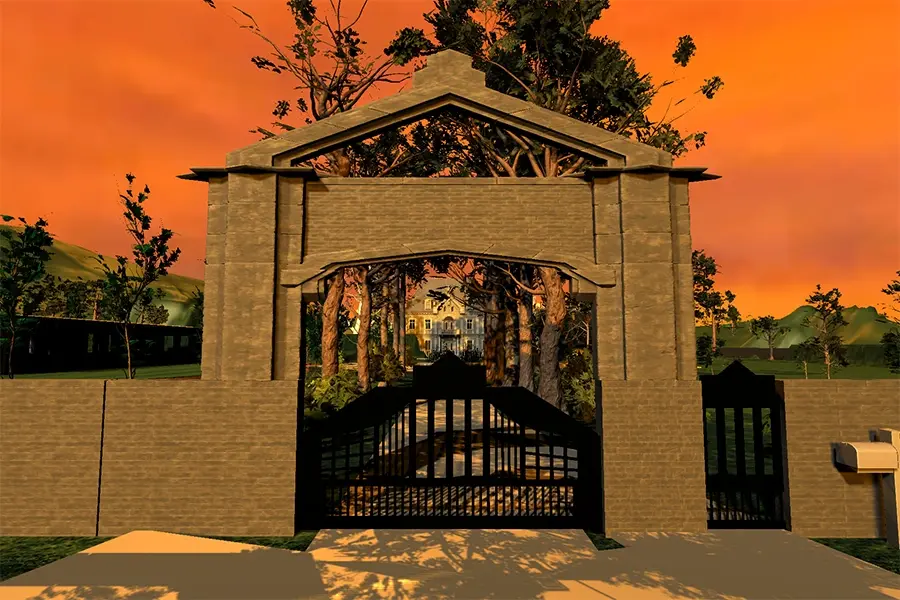 Under a bright sunset, a large stone arch surrounds a black wrought iron gate barring the way to a tree lined drive ending at a stone mansion in the distance. On the other side of the arch is a matching single gate for pedestrians.